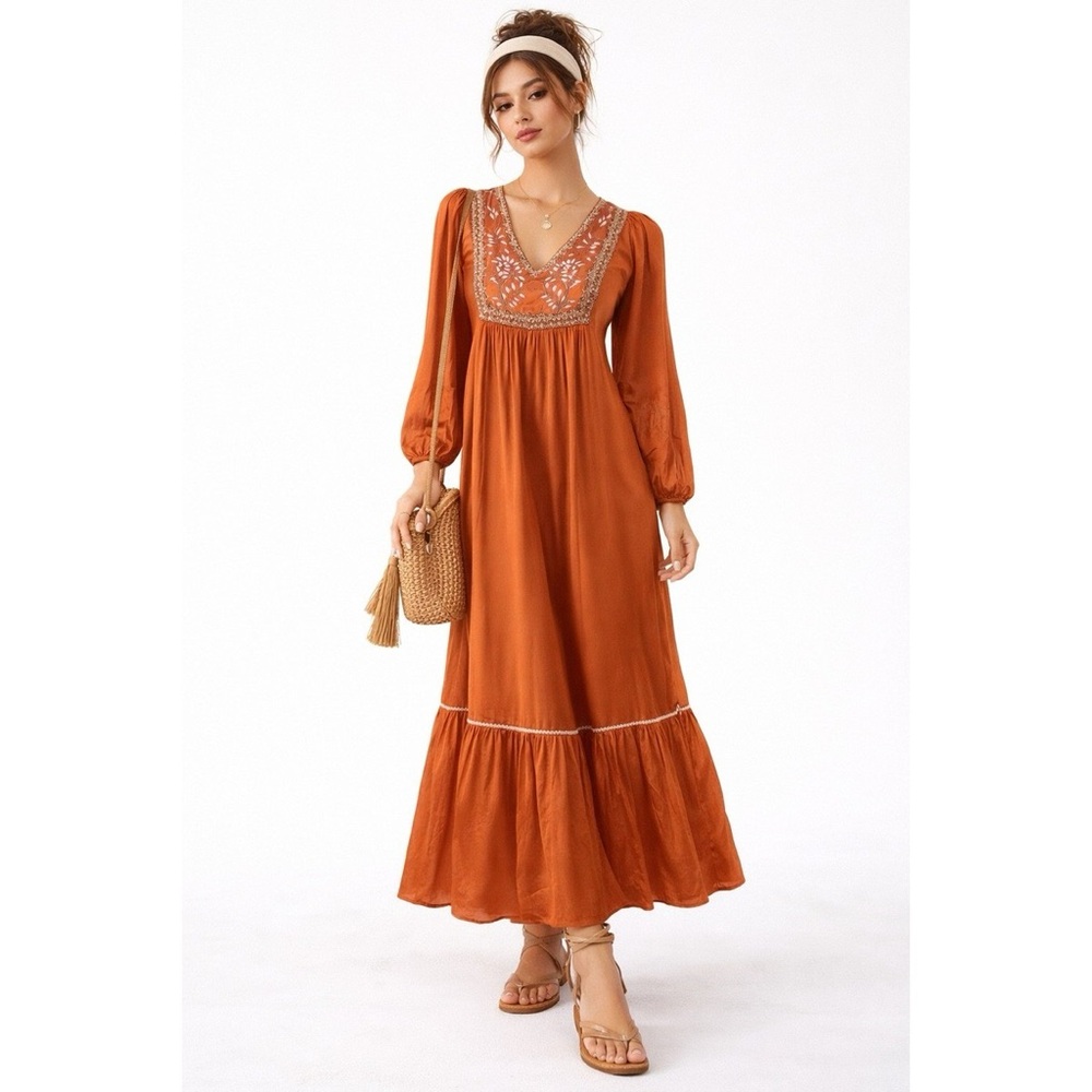 NWT- Ex Voto Embroidered V-Neck Dress in Burnt Orange sz Med